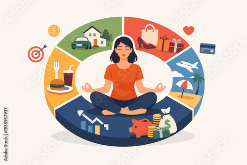 Personal finance and budget management concept with woman meditating surrounded by expense categories like travel, shopping, housing, food, and savings, financial planning and investment strategy