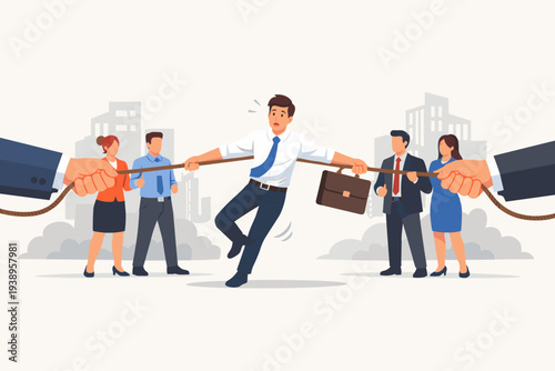 Talent War and Recruitment Competition Concept with a Professional Businessman Being Pulled in a Tug of War by Giant Hands Representing Human Resources Headhunting for Skilled Job Candidates.