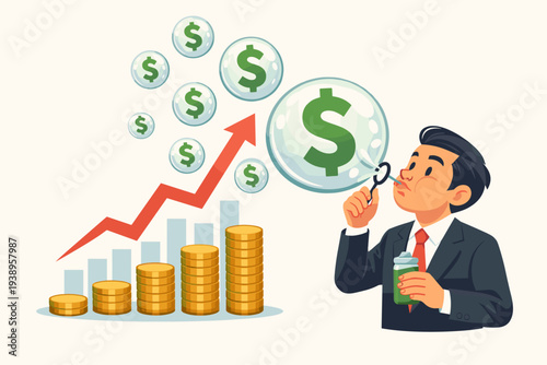 Businessman blowing dollar sign bubbles next to a rising stock market chart and gold coins, illustrating an economic bubble, financial speculation, overvaluation, and risky investment growth.