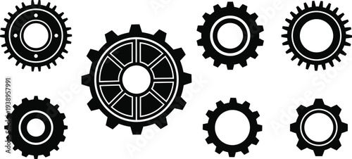 A set of six interlocking gear icons in black and white