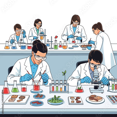 Scientists in lab coats working with various experiments and equipment