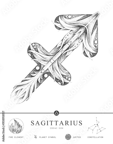 Modern magic witchcraft card with astrology Sagittarius zodiac sign characteristic. Hand drawing art product. Vector illustration