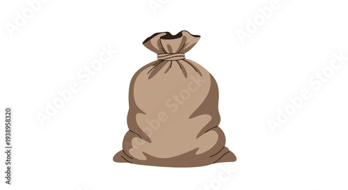 Large brown burlap sack tied securely with a rope at the top used for storing flour grain or potatoes depicted in a cartoon style.