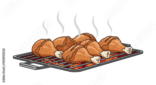 Several seasoned chicken drumsticks cooked on a hot barbecue grill with rising steam and glowing coals underneath for a meal outdoors.