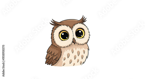 Adorable cartoon owl with big expressive yellow eyes and brown feathers perched calmly in a charming illustrated style for children.