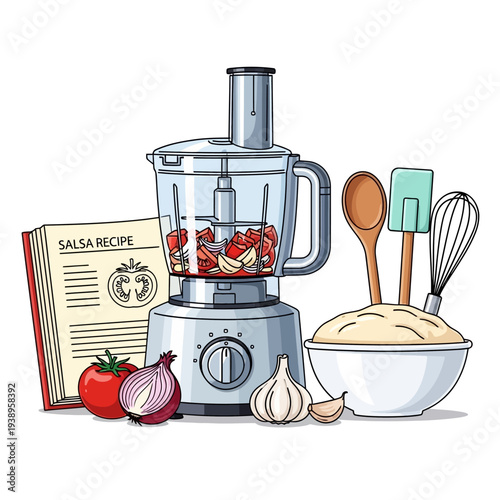 Blender with salsa ingredients and recipe book on kitchen counter
