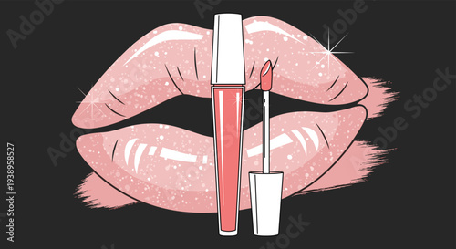 Liquid lip gloss applicator positioned in front of a pair of large glittering pink lips on a dark background for a beauty advertisement.