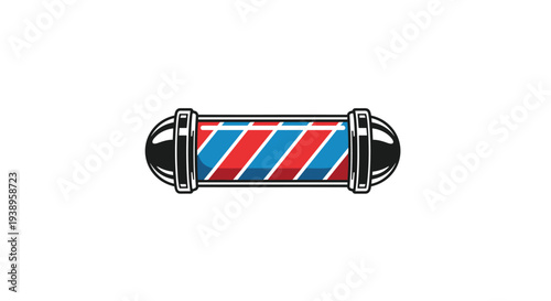 Horizontal barber pole icon with classic red and blue diagonal stripes and black end caps representing a traditional hair cutting shop.