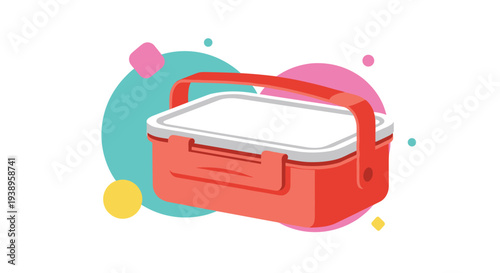 Portable red and white plastic lunch box with a handle and secure latches for carrying meals to school or work shown in a vector style.