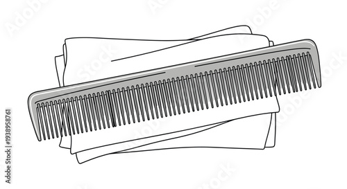 Simple grey hair comb lying on top of several white folded towels or tissues in a minimalist black and white vector line art style.