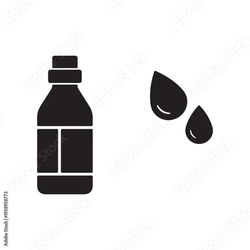 Oil bottle with droplets isolated on white background  simple black icon for design and graphics
