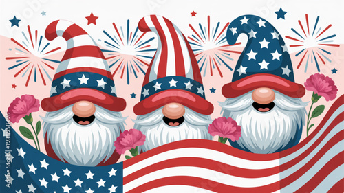 Three patriotic gnomes celebrate independence day with fireworks and american flags
