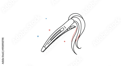 Black and white line art illustration of a metal hair clip holding a strand of hair or a small ponytail against a white background.