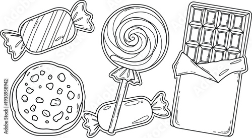 Colouring page of sweet treats cookies lollipops and candies