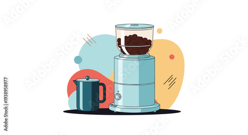 Blue electric coffee grinder filled with roasted beans next to a dark blue coffee pot against abstract colorful shapes in a vector style.