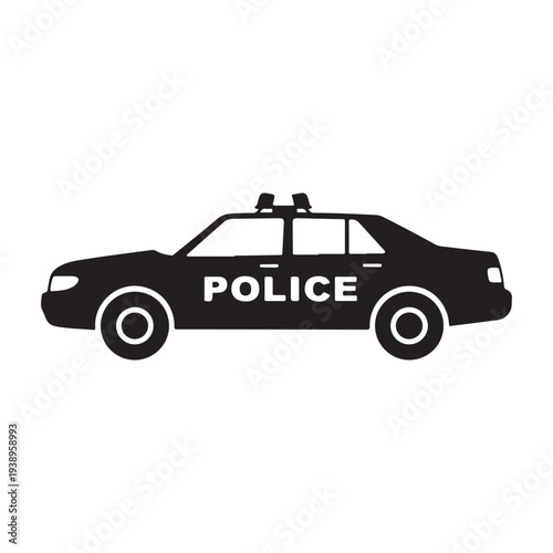 Police car silhouette with lights on top and white police text on side  isolated on white background