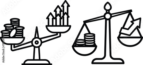 Scales with growing stacks of coins and arrows on one side and a declining stack on the other