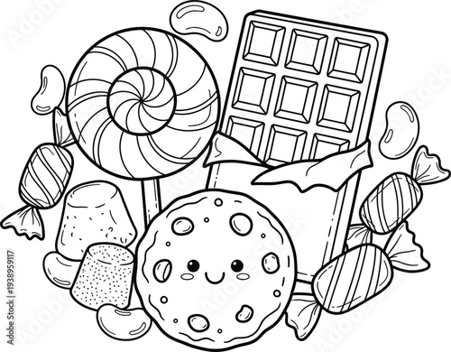 Colouring page of sweet treats with cookie lollipop chocolate bar and candies for kids