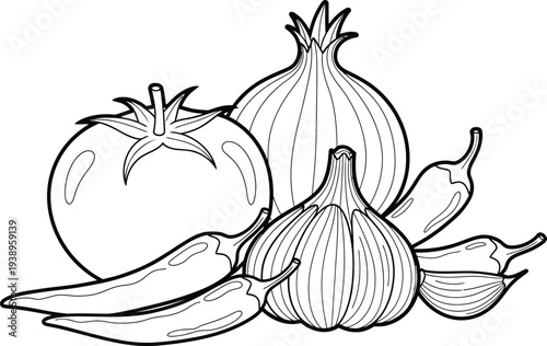 Vegetable colouring page tomato onion garlic and chili peppers free printable colouring page