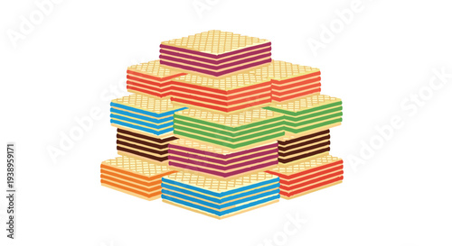 Stack of colorful assorted cream filled wafer cookies featuring strawberry vanilla chocolate and matcha flavors for snack.