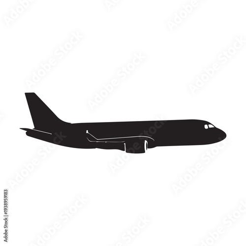 Side view of a black airplane silhouette with white outlines on a white background  air travel transportation concept