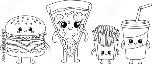 Fun food colouring page for kids colourful cartoon hamburger pizza fries and drink