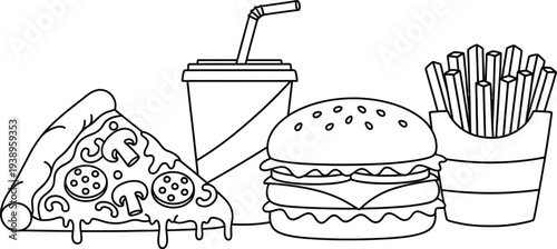 Free colouring page of delicious fast food items for kids pizza burger fries and drink