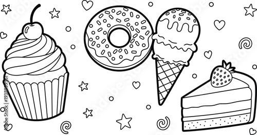 Colouring page of sweet treats cupcake donut ice cream and cake