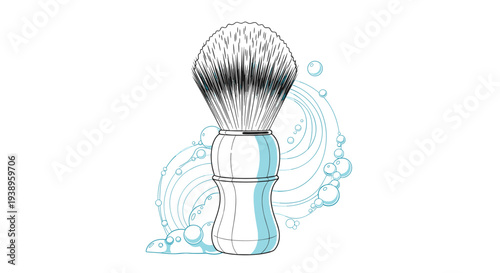 Traditional shaving brush with thick bristles and a white handle surrounded by blue soap bubbles and swirls for grooming.