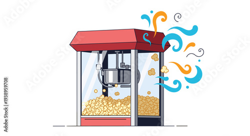 Classic red tabletop popcorn machine with glass sides and freshly popped kernels bursting with savory steam for a movie.