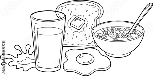Breakfast colouring page with toast egg cereal and glass of juice fun educational colouring activity