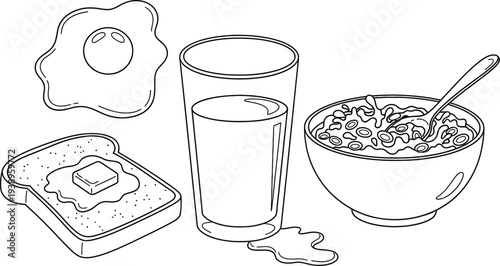 Breakfast colouring page with toast cereal and juice for kids