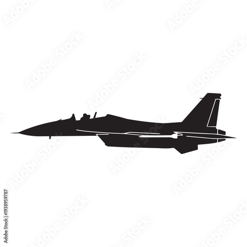 Silhouette of a military fighter jet plane flying in the air  side view  isolated on white background