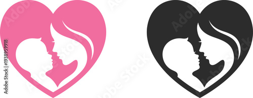 Two heart shaped silhouettes depicting a mother and child in pink and black