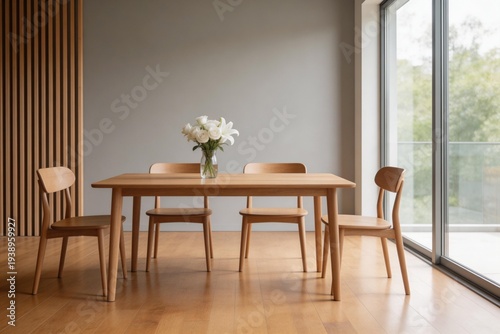 Modern dining table with chairs and flowers