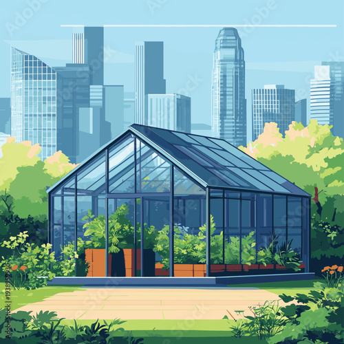 Modern Rooftop Greenhouse Above City Skyline , vector style simple color