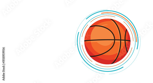 Orange basketball ball with black stripes surrounded by blue and orange circular motion lines on white background for sport.