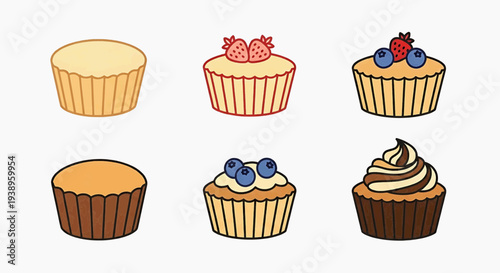Assorted cupcakes with various toppings displayed together in a digital illustration
