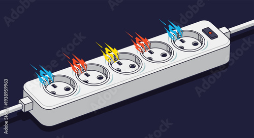 Multi socket power strip with five outlets featuring colorful blue yellow and red electrical sparks or arcs for energy use.