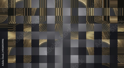 Abstract digital art vector with geometric gray black square grid, golden curved wave lines, and dynamic surreal motion design