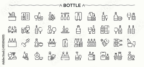 Bottle icon set. Minimalist icons pack. Contains such icons as water plastic drink, water, container, eco. Pixel perfect. Editable vector. Container icon set.