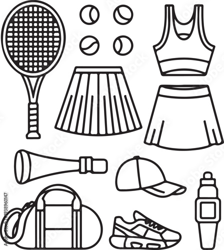 Tennis and badminton sports equipment and clothing illustration