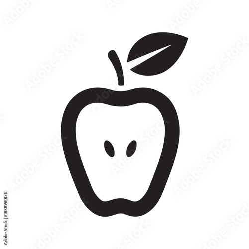 Simple black and white illustration of a smiling apple with a leaf on top  fruit icon