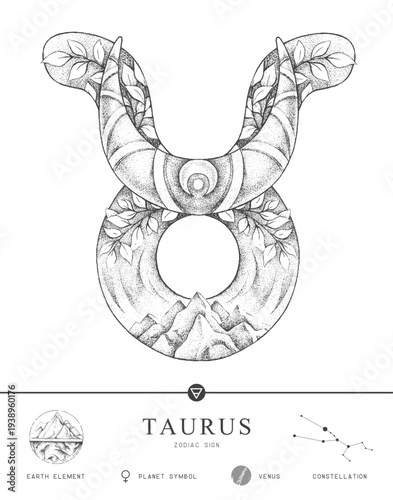 Modern magic witchcraft card with astrology Taurus zodiac sign characteristic. Hand drawing art product. Vector illustration