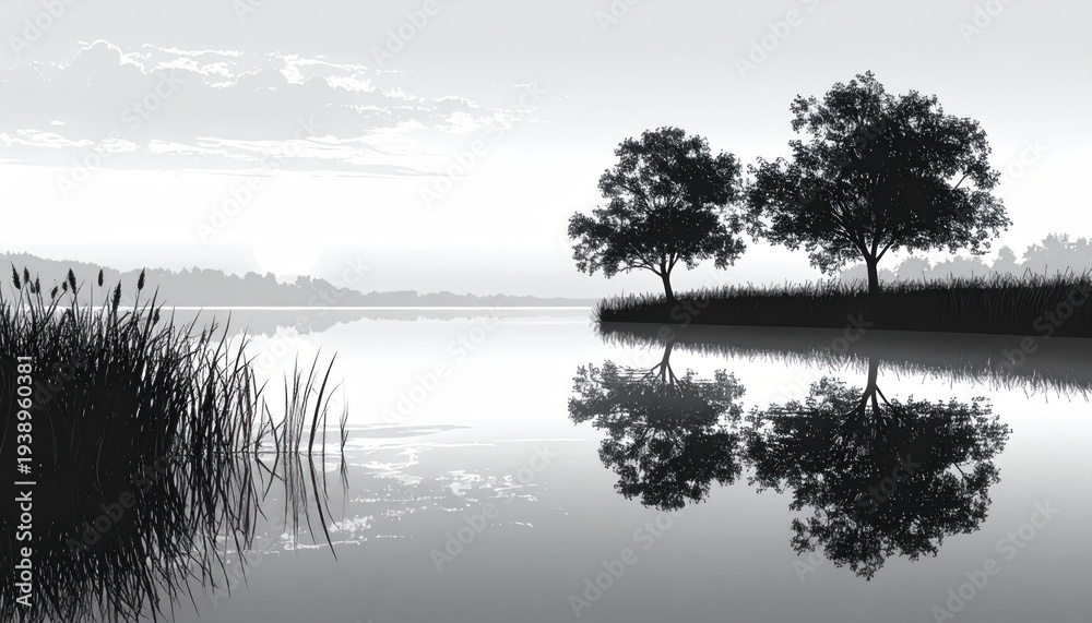 Naklejka premium Serene grayscale landscape, lake with trees reflected in calm water