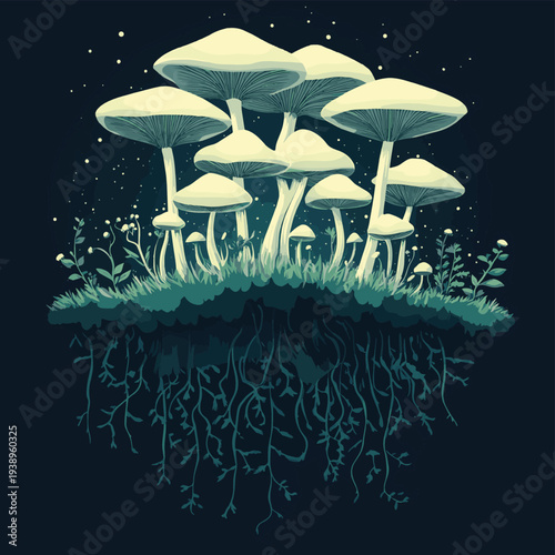 Underground Mycelium Network Connecting Forest Mushrooms , vector style simple color