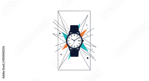 Modern black wristwatch with a white face and simple markings is centered within a starburst of geometric lines and shapes on a clean white background.