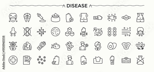 Disease linear icon collection. Related to treatment, sick, infection, allergy, pain and more. Illness modern icon set. Modern vector illustration. Art and illustration.