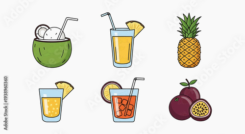 Assorted refreshing beverages and tropical fruits depicted in a series of colorful illustrations
