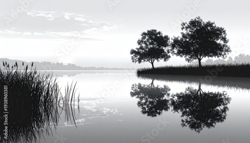 Serene grayscale landscape, lake with trees reflected in calm water